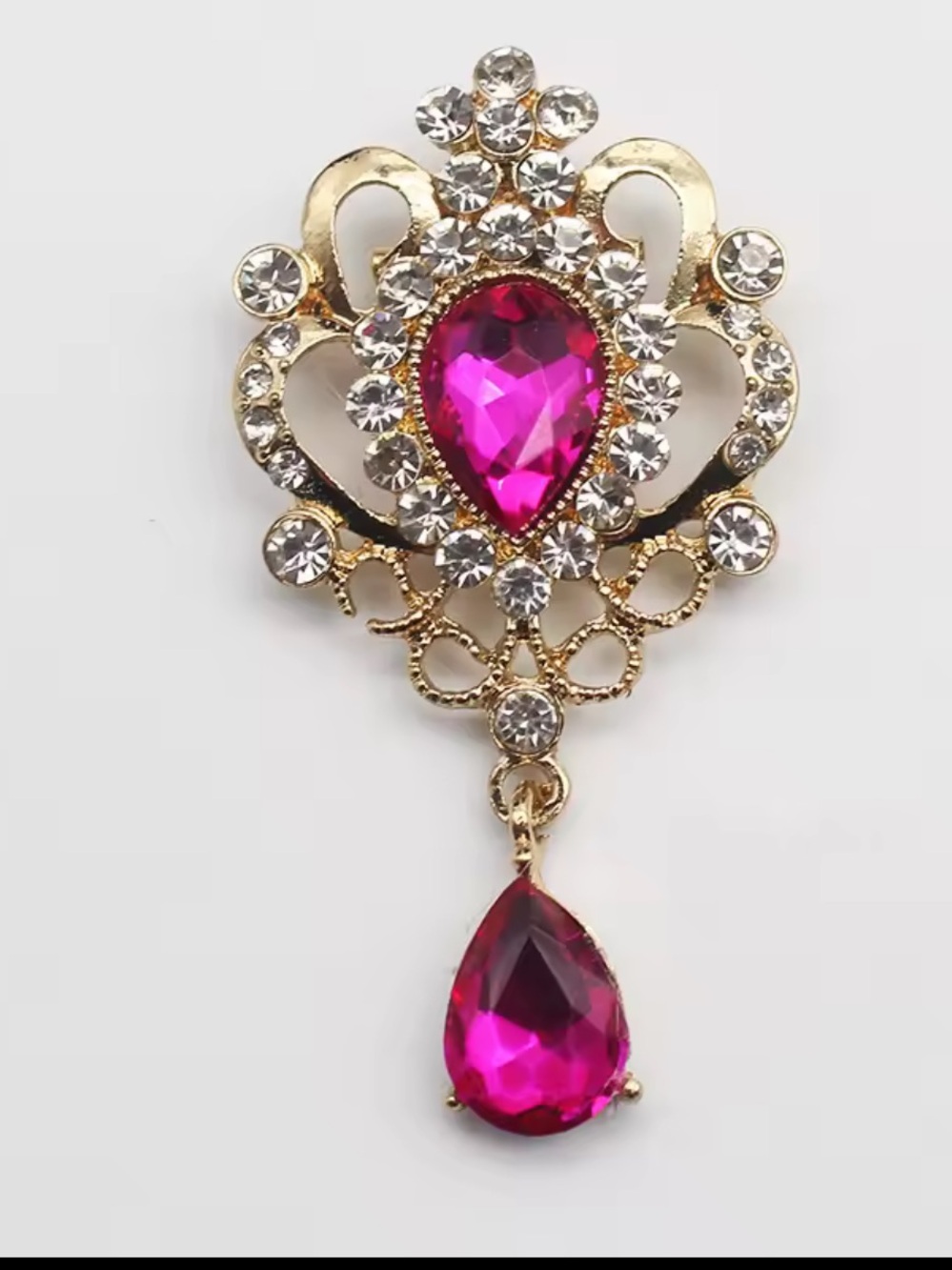 Gold-Tone Fushia Teardrop Pendant Brooch with Clear Crystal Accents